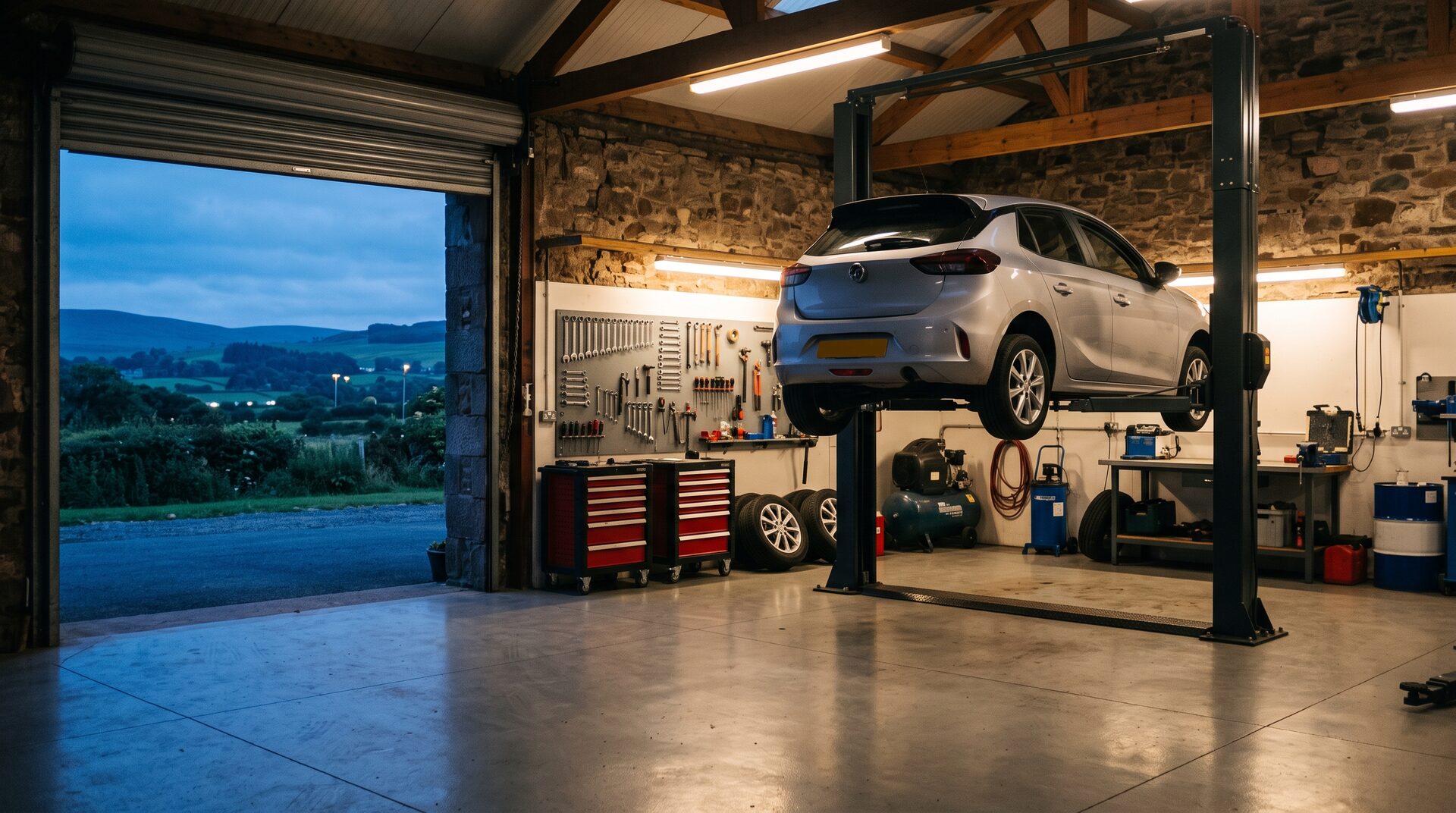 A car raised on a lift inside a tidy garage workshop
